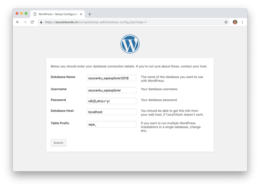 wordpress 5 minute install 3 enter database details