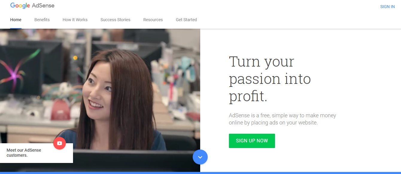 La página de inicio de Google AdSense