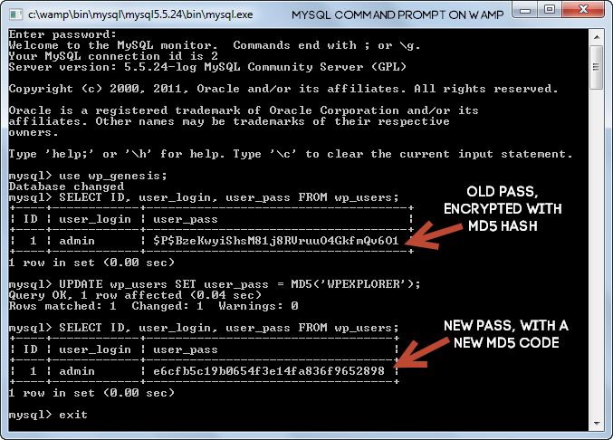 Restablecer la contraseña de WP desde MySQL CMD WAMP