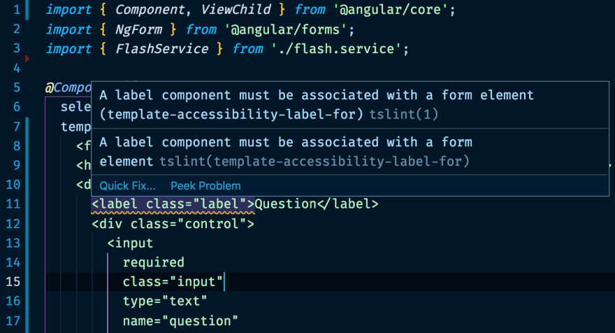 Screenshot of a code editor with an accessibility issue flagged by codelyzer.