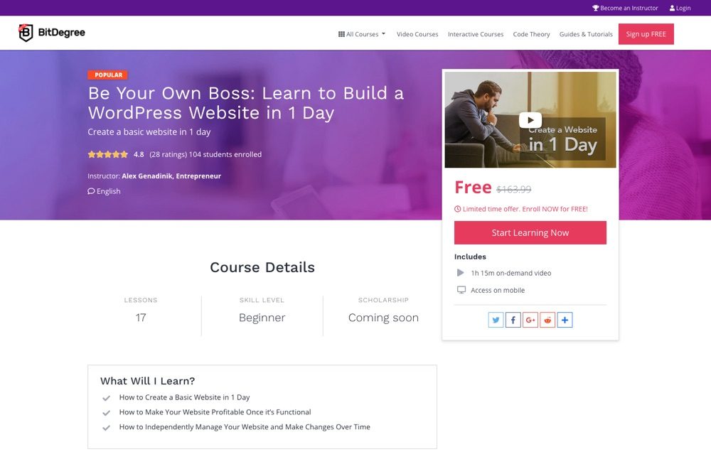 Be Your Own Boss WordPress Course by BitDegree