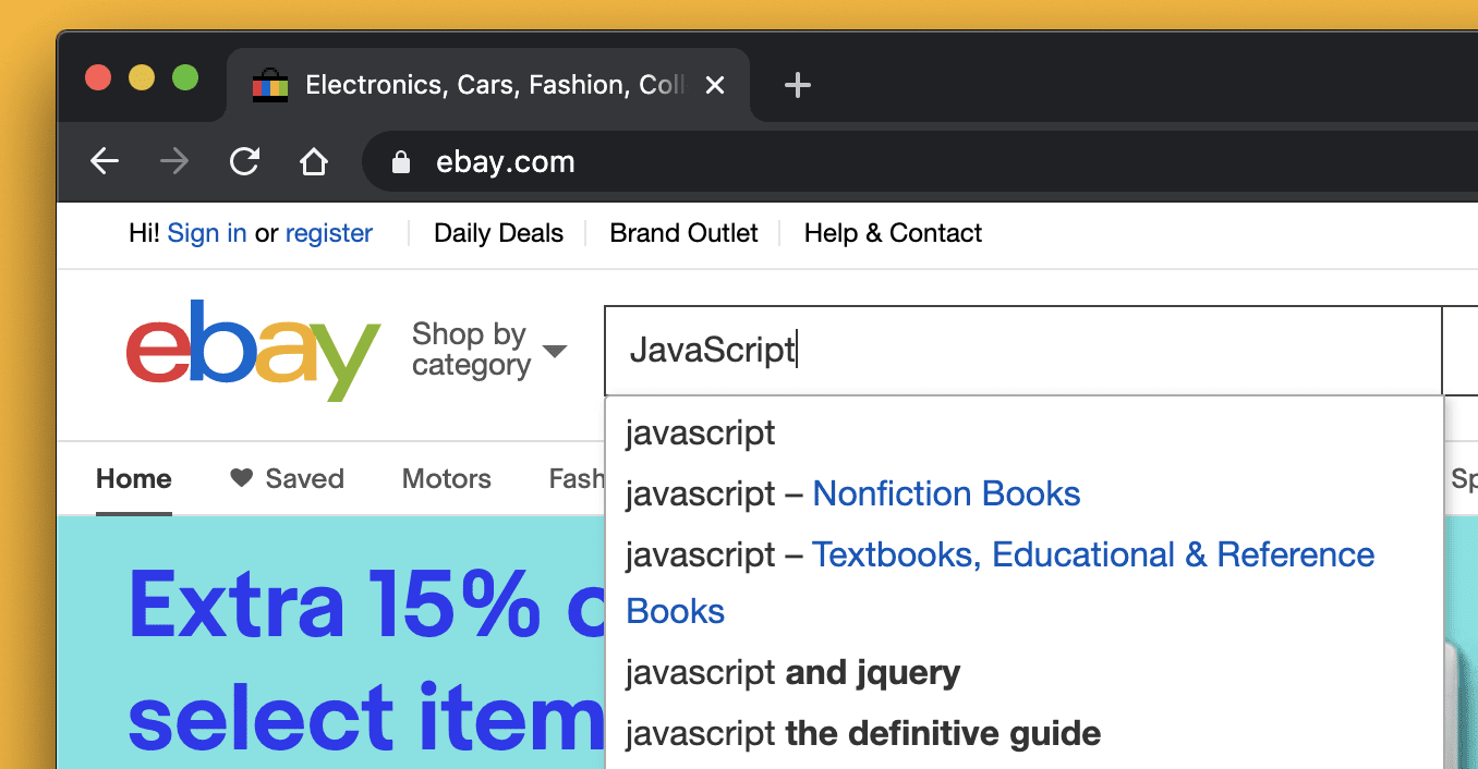 Una captura de pantalla del cuadro de búsqueda de eBay que muestra sugerencias de autocompletar para una consulta de búsqueda.