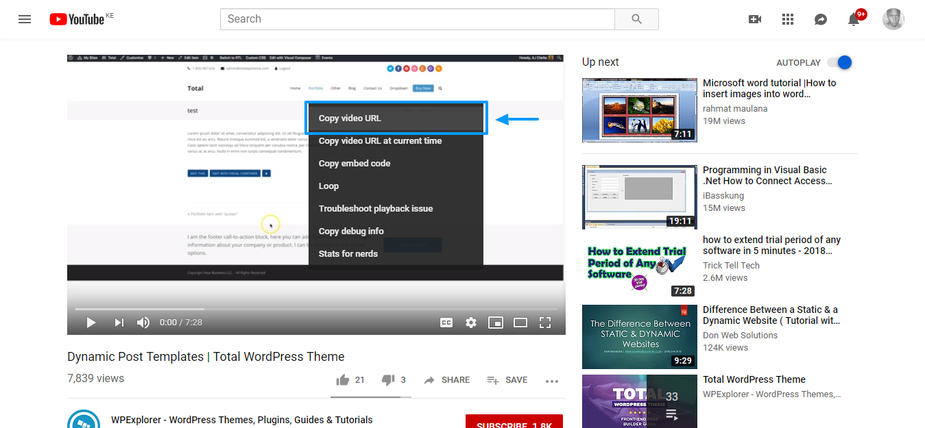 cómo agregar videos a wordpress copiar la URL del video en el video de youtube