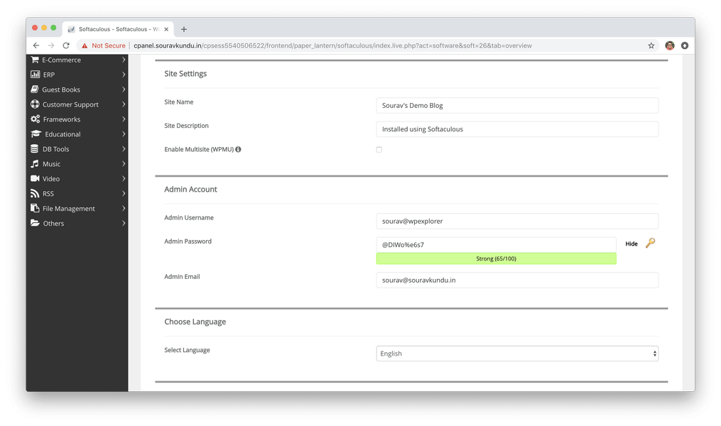 install wordpress with softaculous cpanel 4 site information