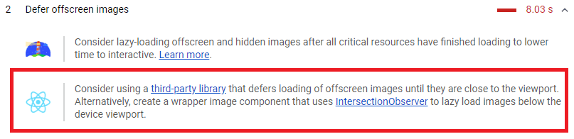 Recomendación del informe Lighthouse para diferir imágenes fuera de la pantalla en aplicaciones React.