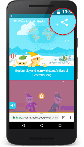 La aplicación Santa Tracker que muestra un botón para compartir.