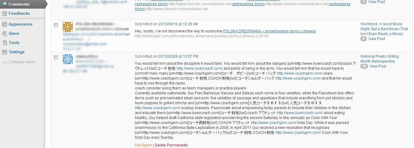 Captura de pantalla de comentarios spam
