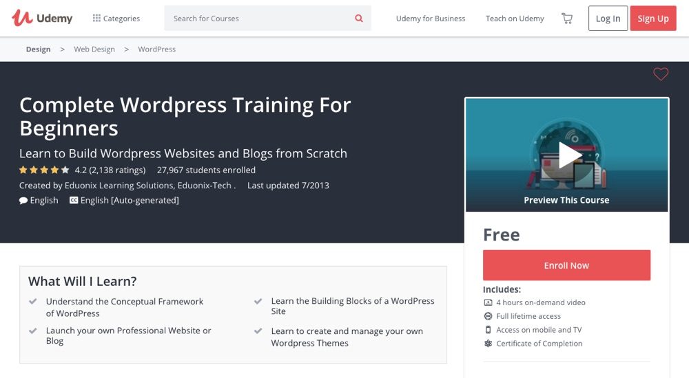 Complete WordPress Training for Beginners by Udemy