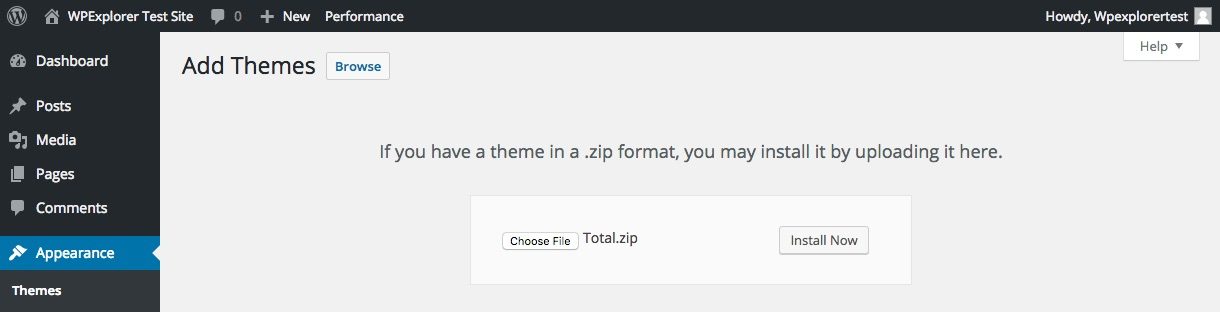 Cargue el archivo zip de su tema de WordPress