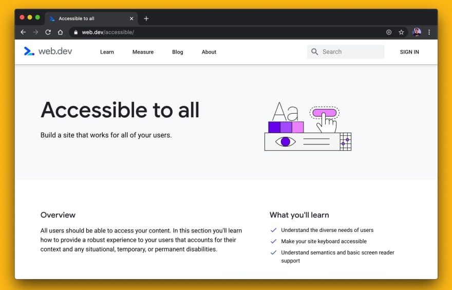 Screenshot of the web.dev "Accessible to all" collection page.
