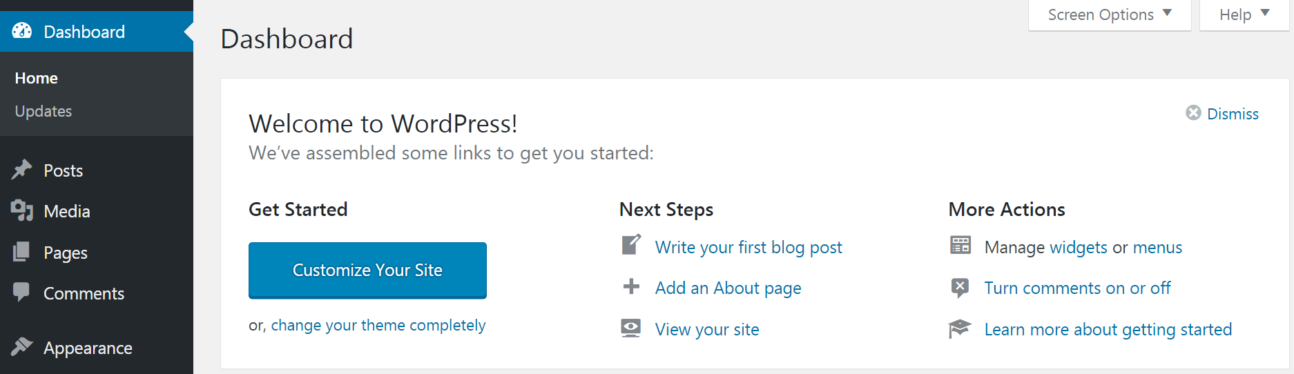 El widget de bienvenida en el panel de WordPress.