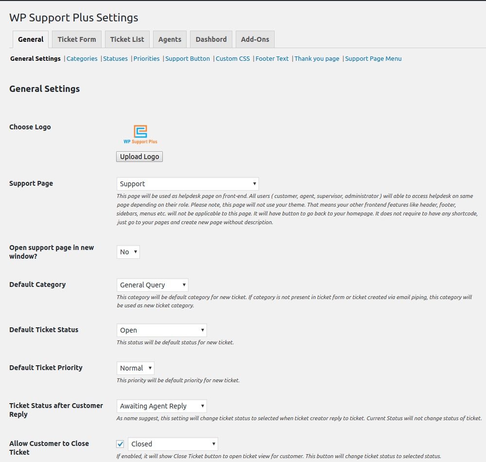 WP Support Plus Settings