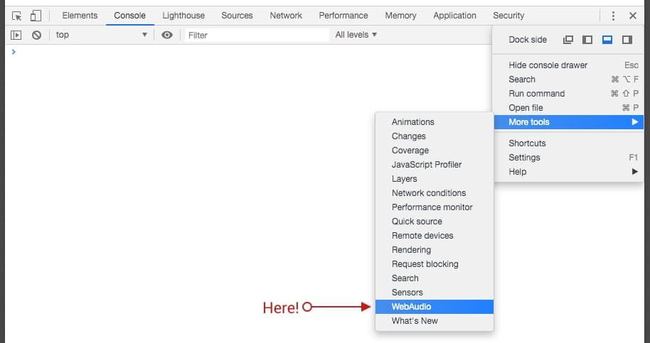 Captura de pantalla que muestra cómo abrir el panel WebAudio en Chrome DevTools.