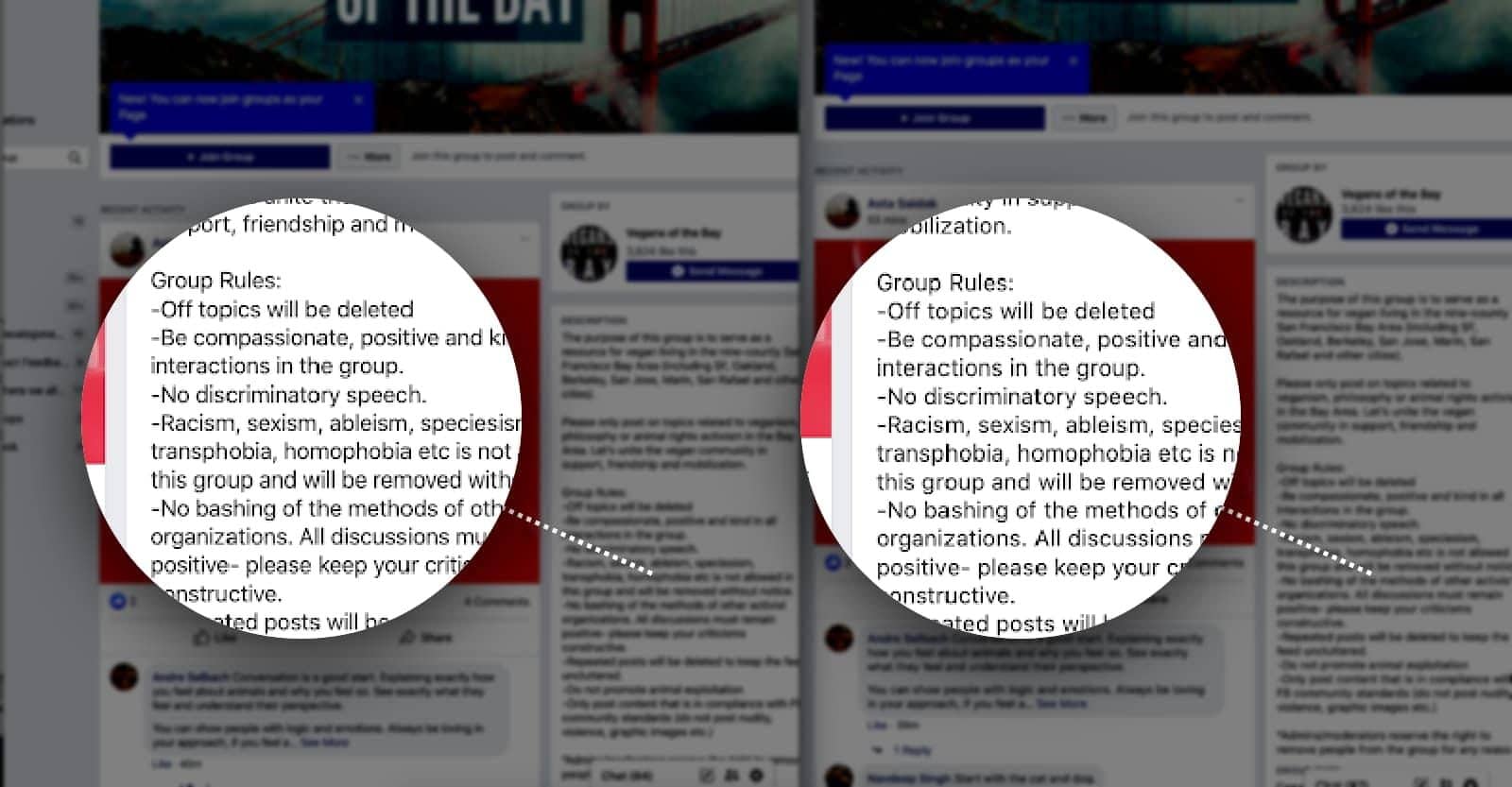 Una comparación de dos párrafos de una página de grupo de Facebook.  A la izquierda está Chrome y a la derecha Safari, y Chrome es sutil pero un poco más estrecho en el espacio