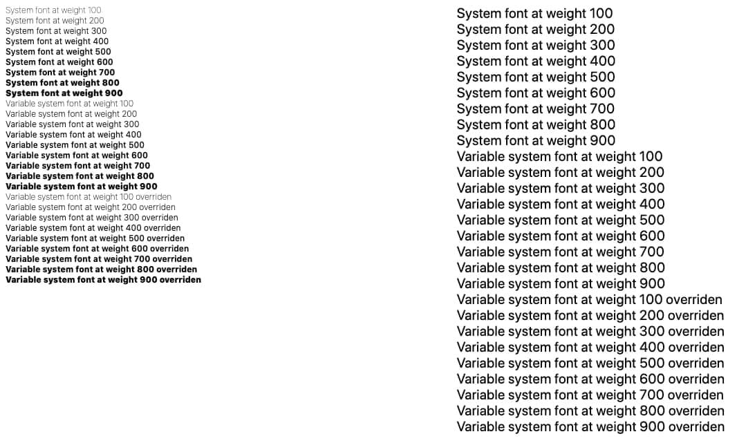 Una pantalla maestra de system-ui y todo su peso de fuente y variaciones en una lista.  La mitad de ellos no tienen aplicadas diferencias de peso.