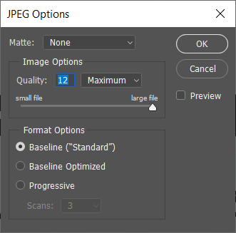 Ein Popup von JPEG-Optionen wird durch die Verwendung der Bildqualität 9933020 verwendet