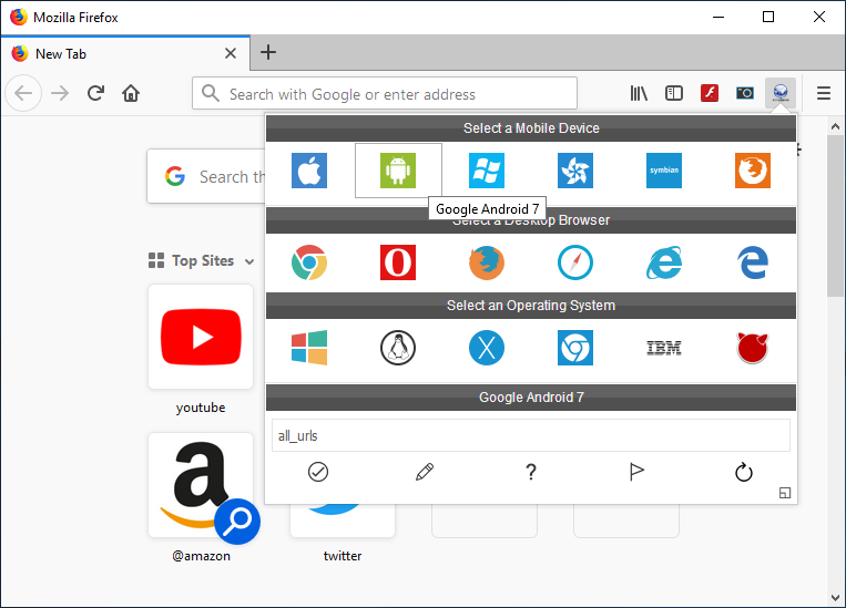 Klicken Sie auf das Verknüpfungssymbol und wählen Sie den Standard-Benutzeragenten-Umschalter in Firefox-4910808 aus