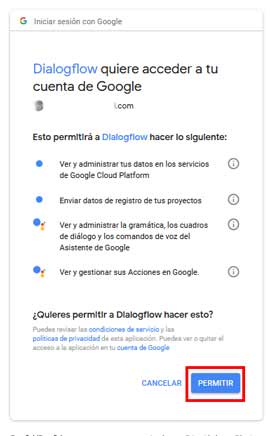 Dialogflow quiere acceder a tu cuenta de Google