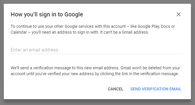 Geben Sie eine andere E-Mail als Ihre aktuelle Google Mail ein, um sie für andere Google-Dienste in der Zukunft zu verwenden. 7374231