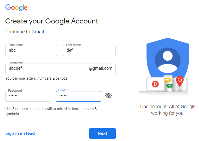Geben Sie Ihre Daten ein, um ein neues Google Mail-Konto zu erstellen. 7287514