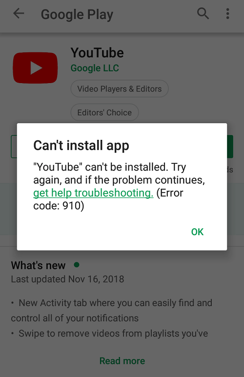 google play store error code 910