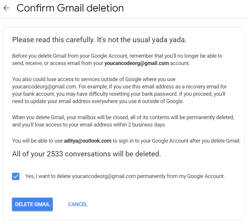 Gehen Sie zum Löschlink, der in der E-Mail bereitgestellt wird, und klicken Sie auf Löschen der Google Mail-Schaltfläche 2535632