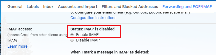 Navigieren Sie zum IMAP-Zugriffsblock. Klicken Sie auf Aktivieren des IMAP-Optionsfelds 7087025