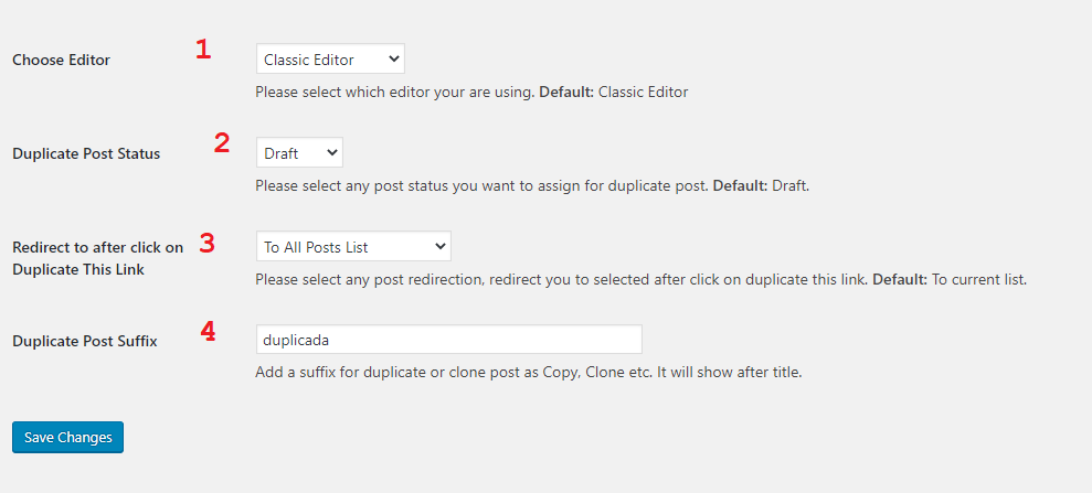 Opciones de configuración de Duplicate Page
