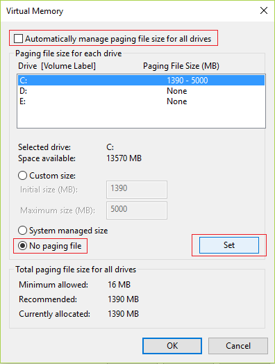 Deaktivieren Sie die Option "Automatische Verwaltung der Paging-Dateigröße für alle Laufwerke" und aktivieren Sie dann das Kontrollkästchen "Keine Paging-Datei-1979900"