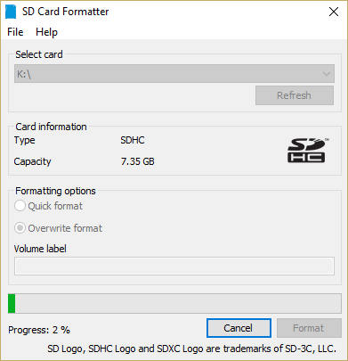 Sie werden das SD-Kartenformatierungsfenster sehen, das Ihnen den Status der Formatierung Ihrer SD-Karte 2296082 anzeigt
