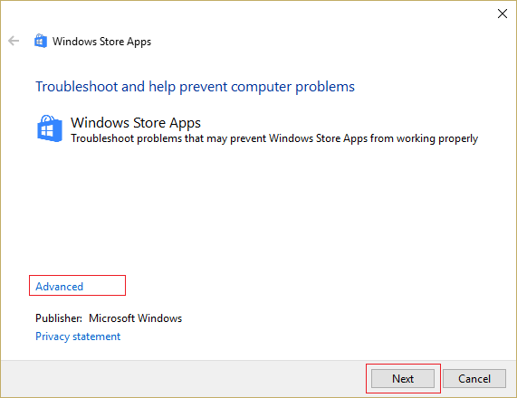 Klicken Sie auf "Erweitert" und dann auf "Weiter", um den Windows Store-Apps-Troubleshooter 4-6709306 auszuführen