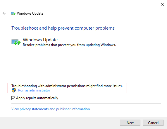 Stellen Sie sicher, dass Sie auf "Als Administrator in Windows-Update-Fehlerbehebung-1-9442596 ausführen" klicken