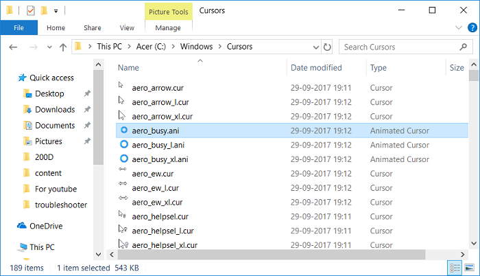 Extrahieren Sie die heruntergeladenen Zeigerdateien in den Cursorordner in Windows 1842166