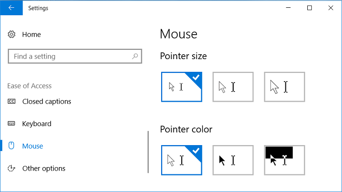 Wählen Sie aus dem Menü auf der linken Seite die Maus aus und wählen Sie dann die entsprechende Zeigergröße und Zeigerfarbe aus. 9262574