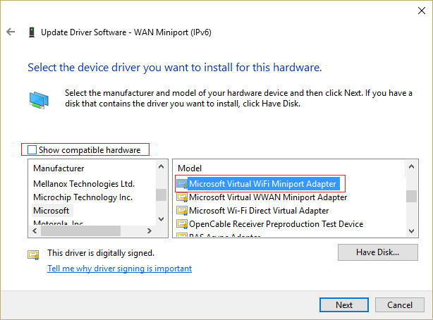 Deaktivieren Sie "Show-kompatible-Hardware-und-Select-Microsoft-Virtual-Wifi-Miniport-Adapter-7895658"