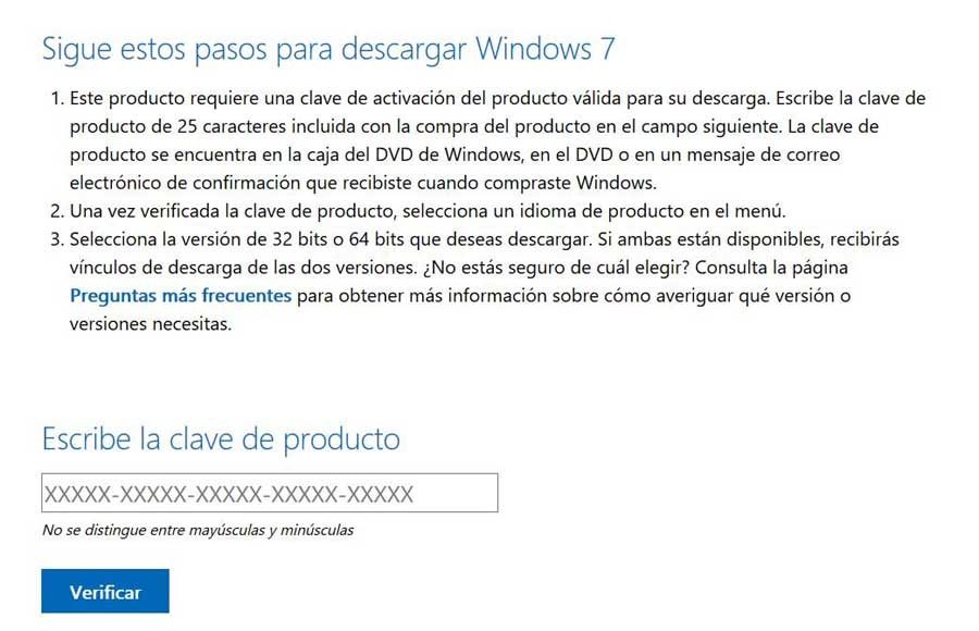 Descarga de la clave de Windows 7