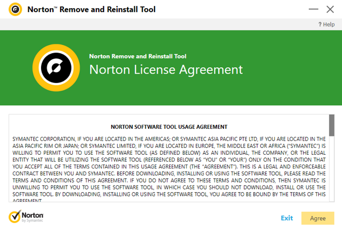 Acepte el acuerdo de licencia final (EULA) en Norton Remove and Reinstall Tool