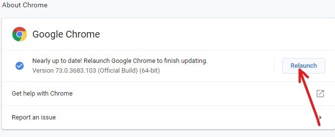 Una vez que Chrome termine de descargar e instalar las actualizaciones, haga clic en el botón Relanzar
