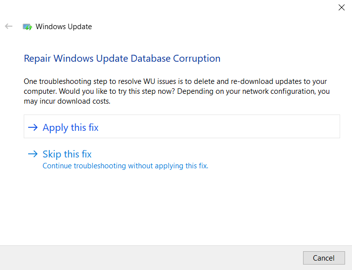 Solicite omitir la corrección o aplicar la corrección |  Reparar Windows 10 no descargará ni instalará actualizaciones