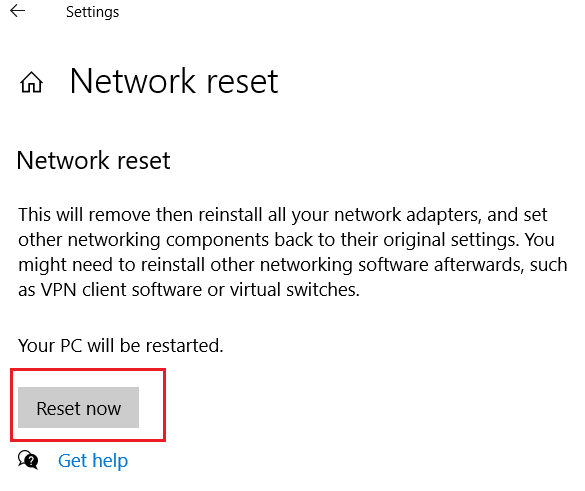 Haga clic en Restablecer ahora en la sección Restablecimiento de red |  WiFi sigue desconectándose en Windows 10