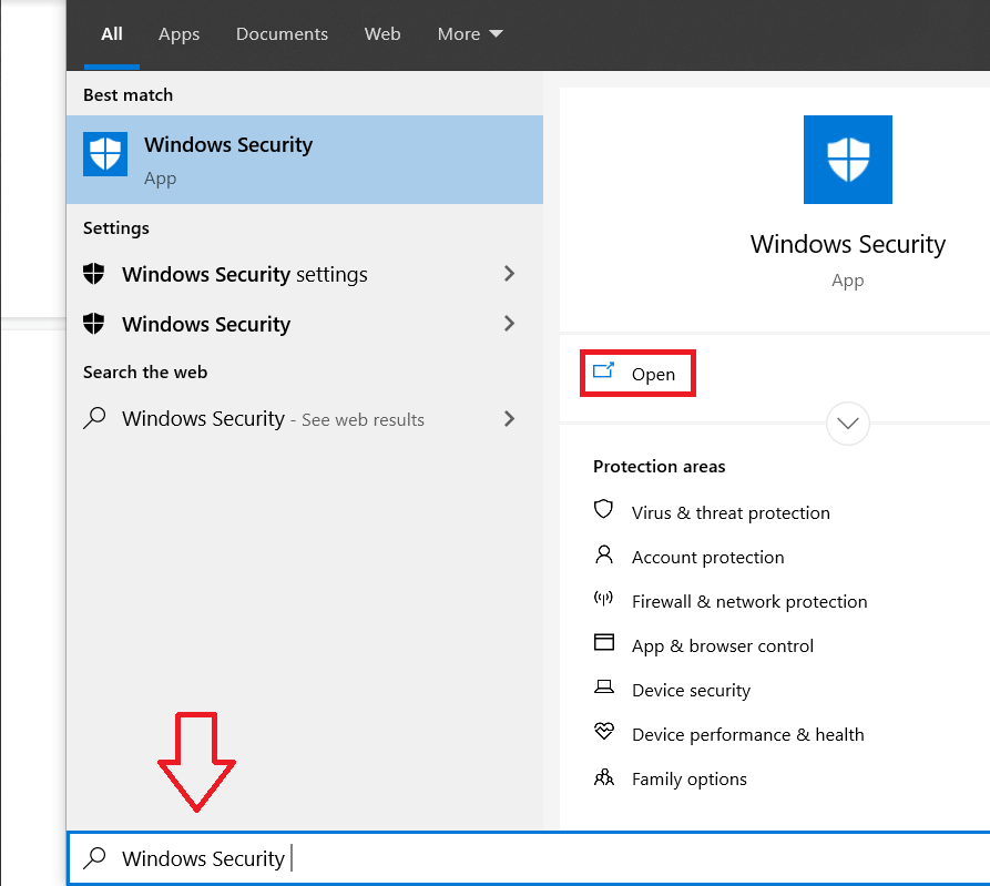 Haga clic en el botón de inicio, busque Seguridad de Windows y presione enter para abrir