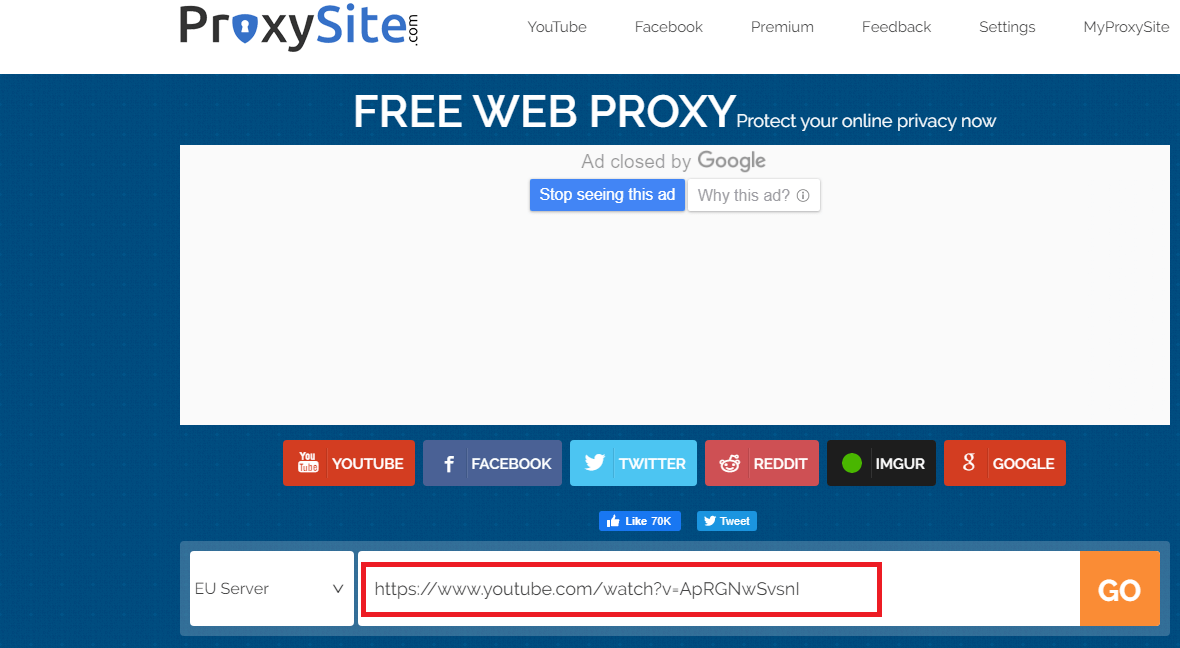 Ingrese el cuadro de URL en el sitio web del proxy que ha abierto en la nueva pestaña
