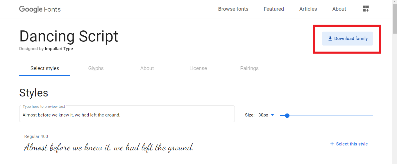 Busque la opción Descargar familia en la parte superior derecha de la ventana del sitio web de Google Fonts