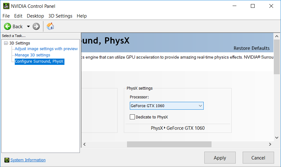 En el menú desplegable PhysX Settings, seleccione su tarjeta gráfica en lugar de la selección automática.