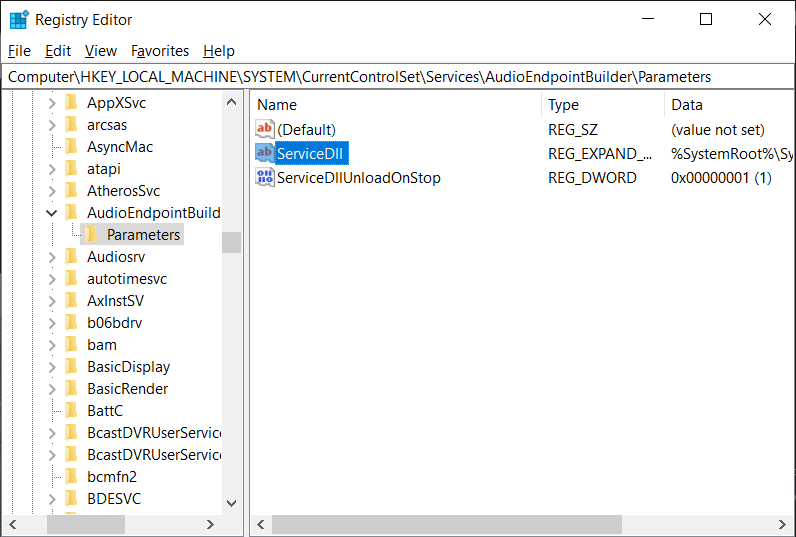 Busque ServicDll en el Registro de Windows |  Reparar los servicios de audio que no responden en Windows 10
