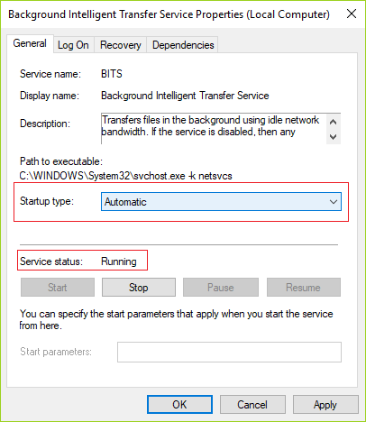 Asegúrese de que BITS esté configurado en Automático y haga clic en Iniciar si el servicio no se está ejecutando |  Reparar Windows 10 no descargará ni instalará actualizaciones