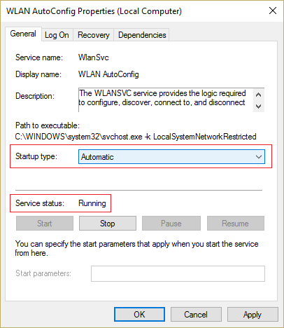 Asegúrese de que el tipo de inicio esté configurado en Automático y haga clic en iniciar para el servicio de configuración automática de WLAN