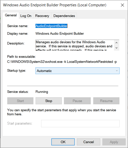 Asegúrese de que el tipo de inicio esté configurado en automático