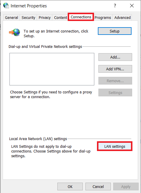 Vaya a la pestaña Conexiones y haga clic en el botón Configuración de LAN |  Corregir ERR_NETWORK_CHANGED en Chrome