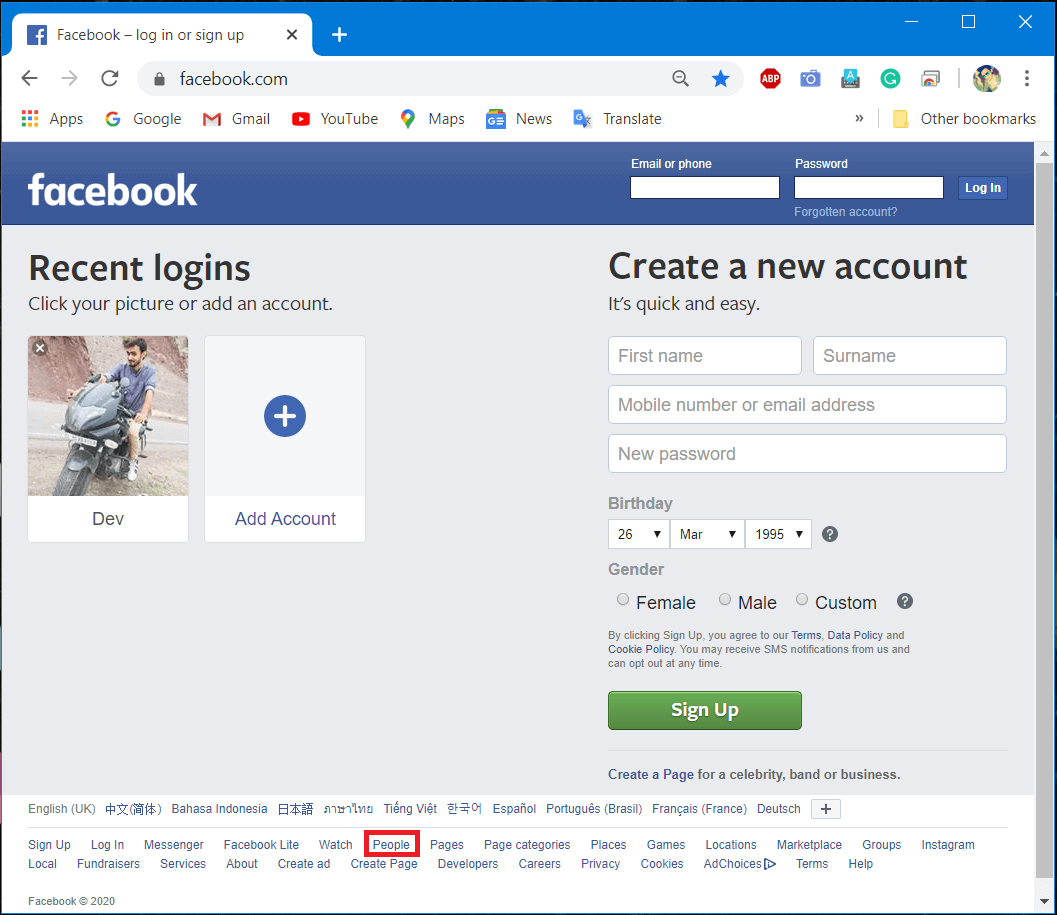 Navegue a Facebook, luego desplácese hacia abajo y haga clic en Personas
